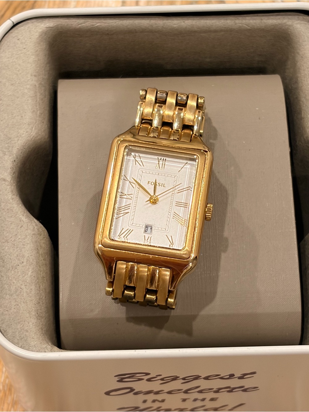 Fossil Gold Tone Rectangular Link Bracelet Watch with White Dial